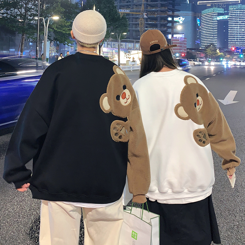 Vibe style couple bear stitched round neck sweater men's fashion brand plus fat plus size fat loose coat autumn and winter