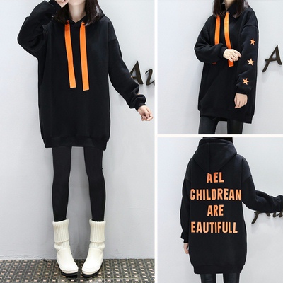 Y20# original size with corns medium length sweater Korean new long sleeve hooded Pullover Sweater Dress women