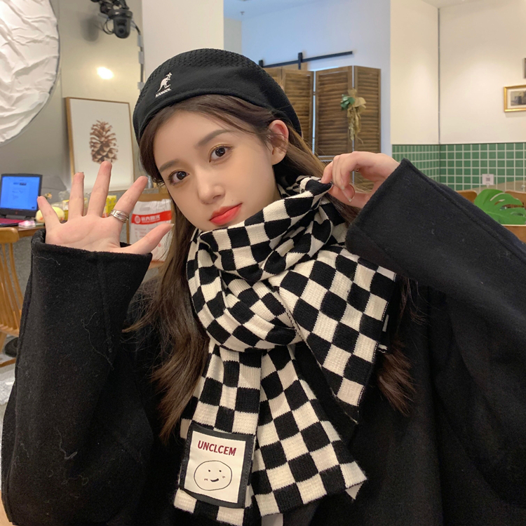 Chessboard Plaid spring and autumn knitted scarf women's winter Korean version warm and versatile student Plaid shawl Bib