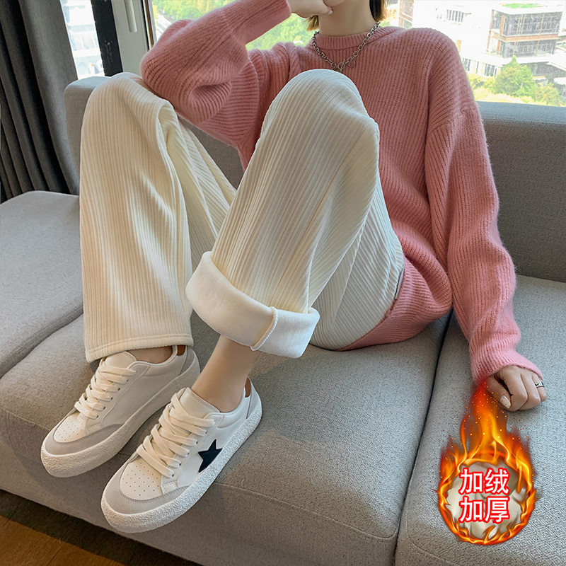 Real 8377# corduroy wide leg trousers for women in spring and autumn with high waist, loose straight tube and plush floor mopping pants in autumn and winter