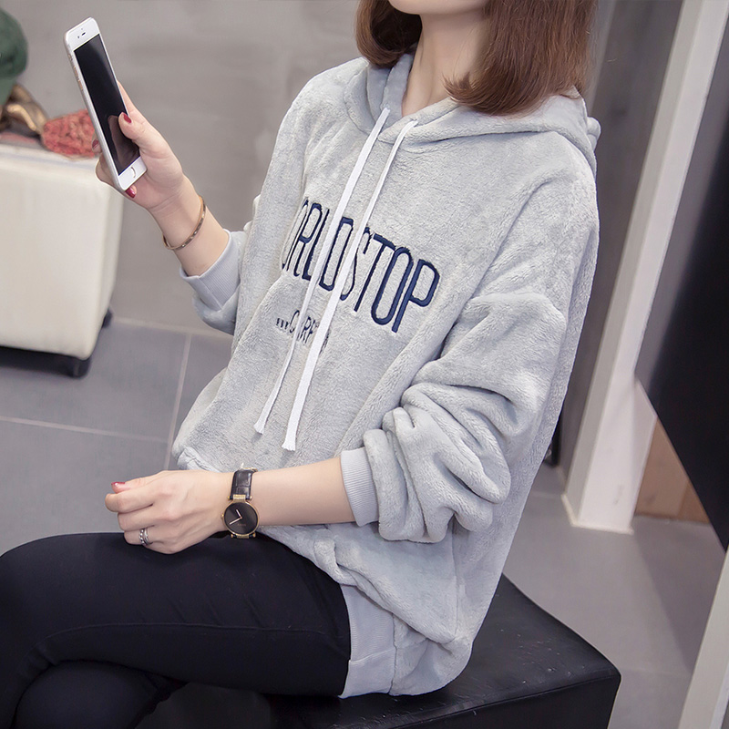 907# (real shot of coral velvet) autumn and winter fat mm200kg Plush thickened embroidery hooded sweater women's warm shirt