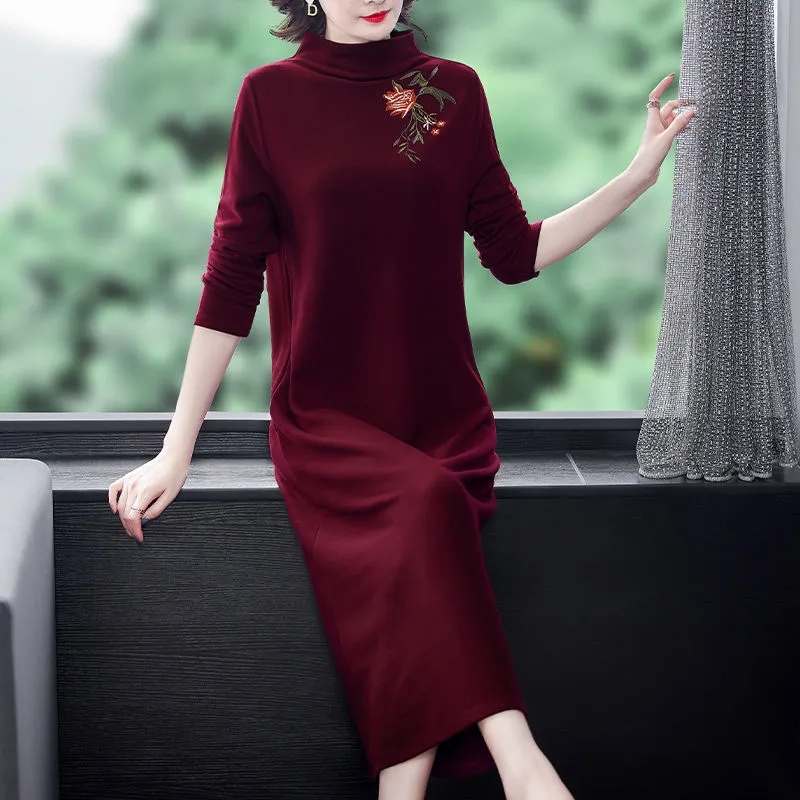 [double-sided German velvet frosted] dress women's autumn and winter thickened embroidery, versatile, knee length, slim bottomed skirt women