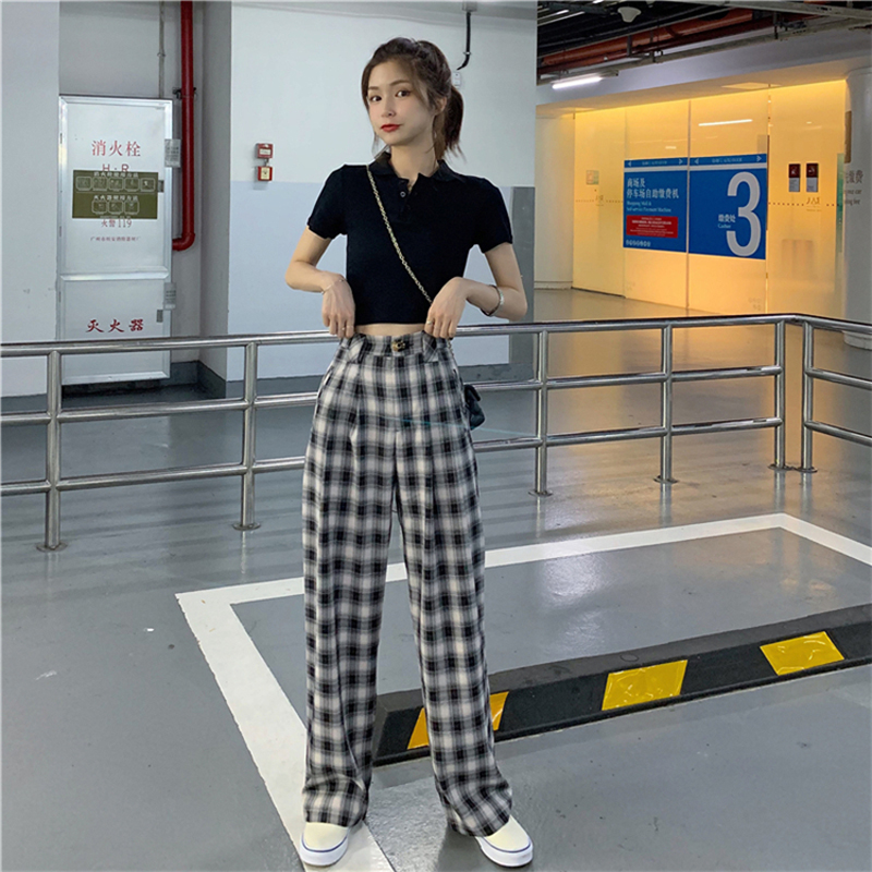 Plaid casual pants women's spring and autumn 2021 Korean version ins fashion high waist thin straight tube drop feeling loose fashion wide leg pants