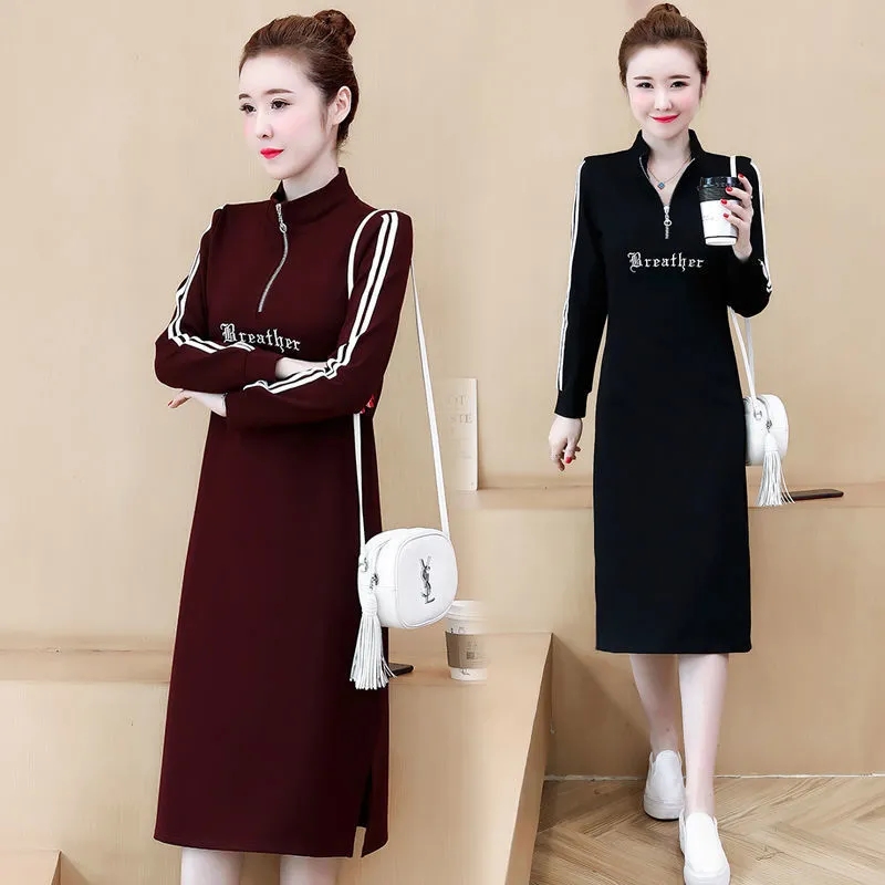[6535 cotton embroidery] spring and autumn loose long skirt zipper over knee split casual long dress