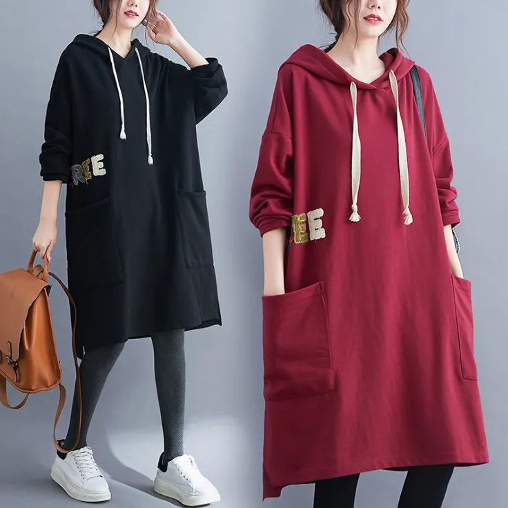 [6535 cotton embroidery] 200kg large women's dress autumn dress foreign style age reducing letter sweater women's loose hooded top