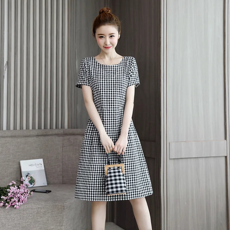 2021 summer dress women's new Korean Plaid Harajuku loose medium length dress