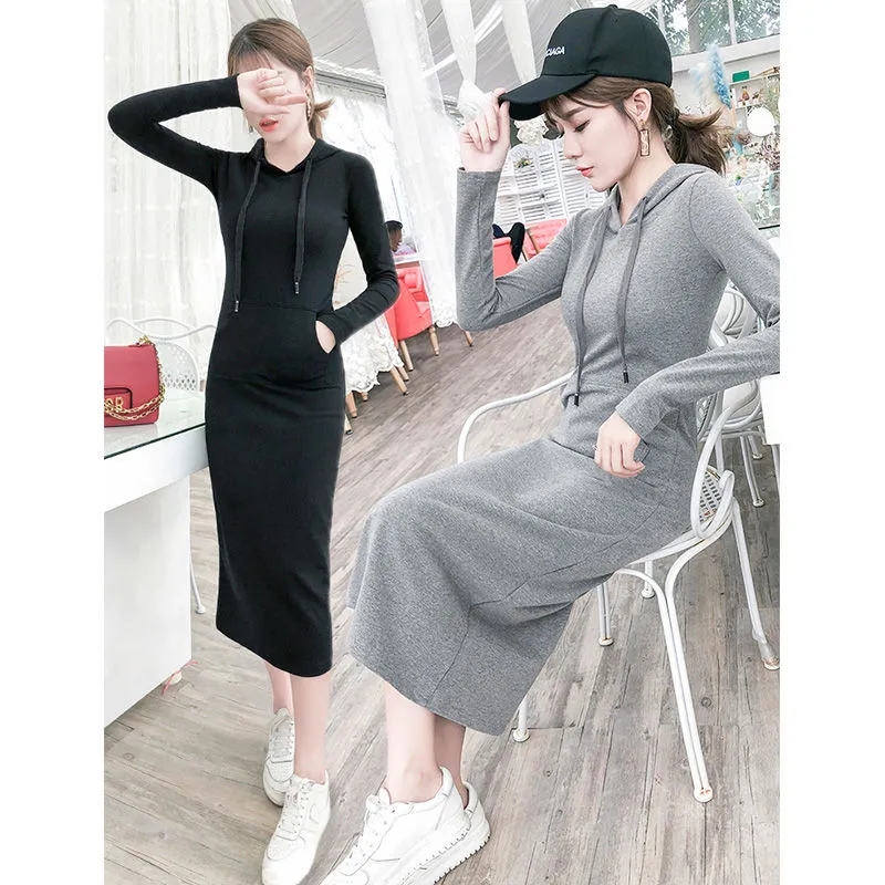 [6535 cotton Plush thickened] autumn and winter new long sleeved long bottomed skirt women's dress hooded thin over Knee Skirt