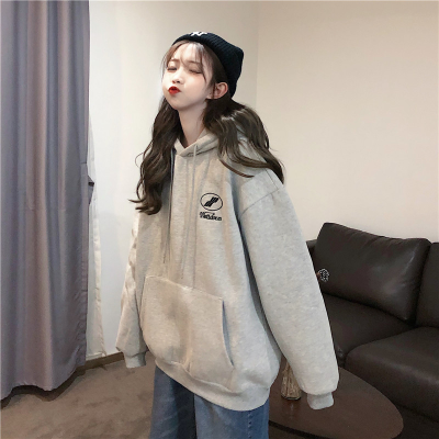 Plush thickened printed hooded autumn winter loose Korean versatile ins student top female
