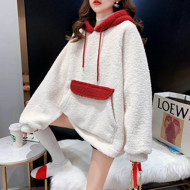 Lamb Plush women's Korean version large loose 2021 autumn winter new lazy wind long bag Hooded Coat