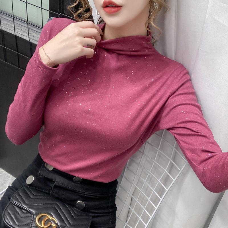 [m-4xl double-sided German velvet] autumn and winter shiny inner shirt slim fit half high collar fan inner bottom shirt women's long sleeve