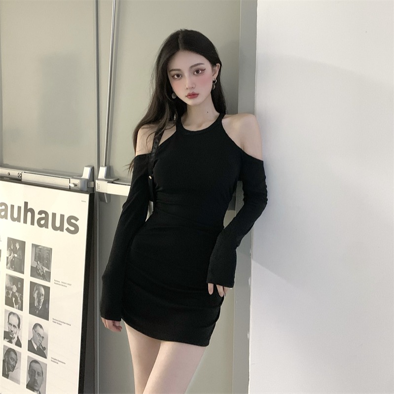 2021 new women's off shoulder dress with women's backing and waist closing to show thin sexy long sleeve Hip Wrap Skirt
