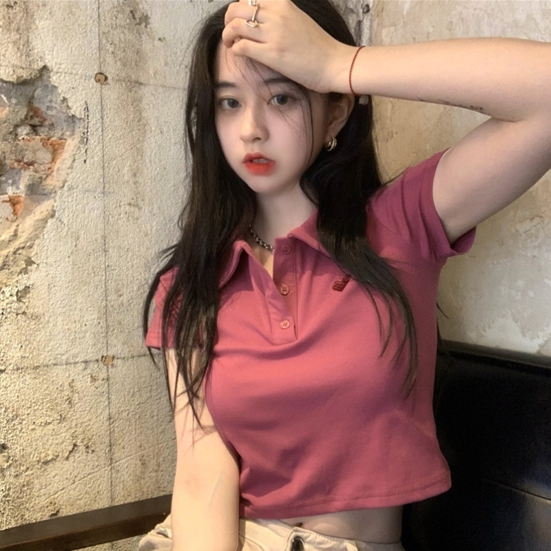 Real price 2021 new high waist short top women's design sense of minority love embroidery polo collar short sleeve T-shirt