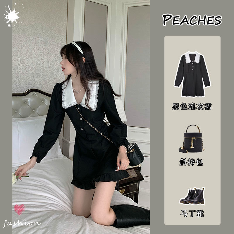 Small man with high waist and thin doll neck long sleeve short dress small black skirt