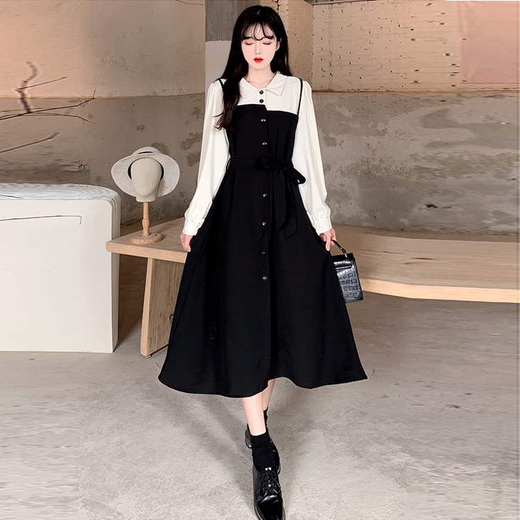 Fake two suspender long sleeve French dress women's thin Hepburn shirt skirt