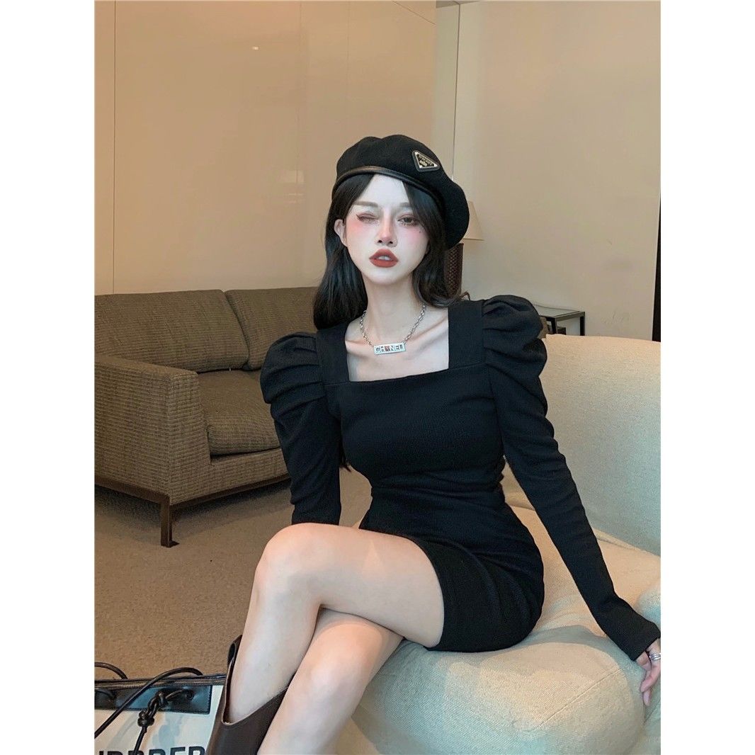 Autumn and winter 2021 new style square collar exposed clavicle heart machine small black skirt French bubble sleeve bottomed hip wrap dress women