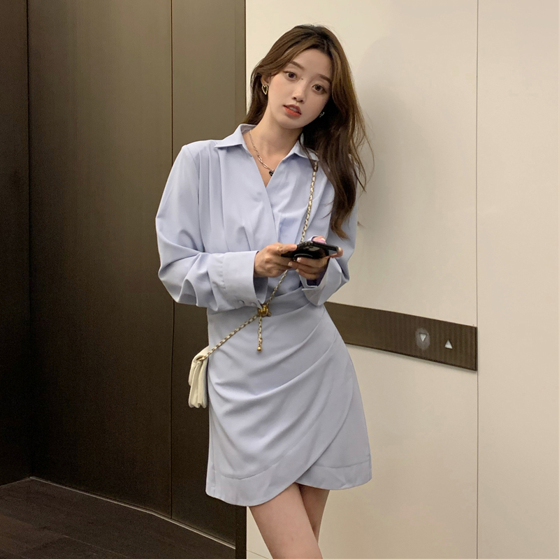 Polo shirt dress autumn winter 2021 New Retro Hong Kong Style waist closing long sleeve short salt sweet skirt children
