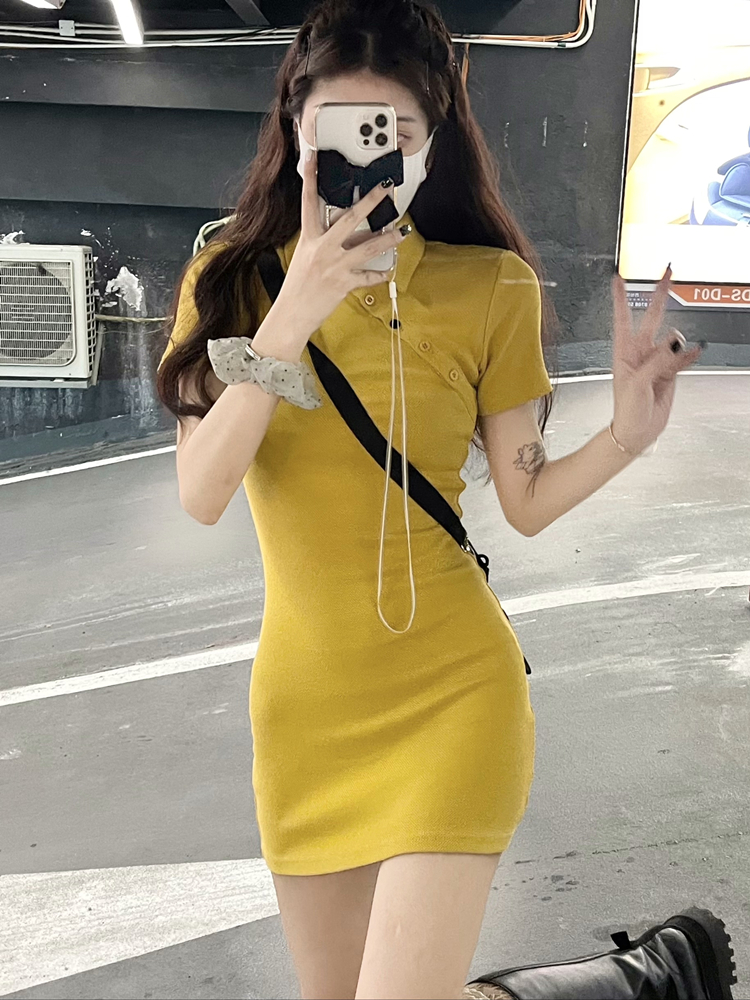 Pure desire careful machine oblique button slim Polo skirt slim elastic waist fine dress
