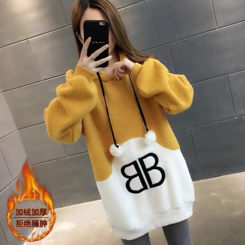 Plush thickened sweater women's medium and long imitation lamb wool new winter ins Korean loose large 200kg student