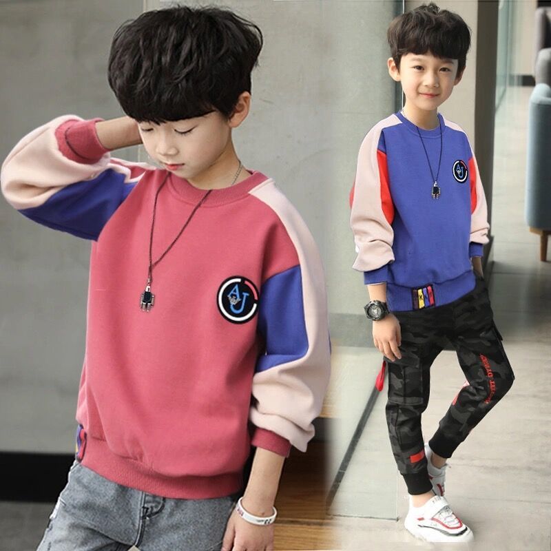 Boys' sweater spring and autumn children's round neck long sleeve 2021 new middle and large children's Korean boys' winter VELVET TOP