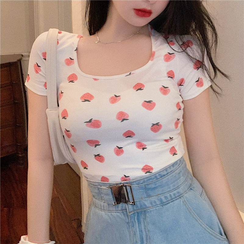 2021 summer new style square neck short top slim net red strawberry sexy navel exposed knitted short sleeve T-shirt women