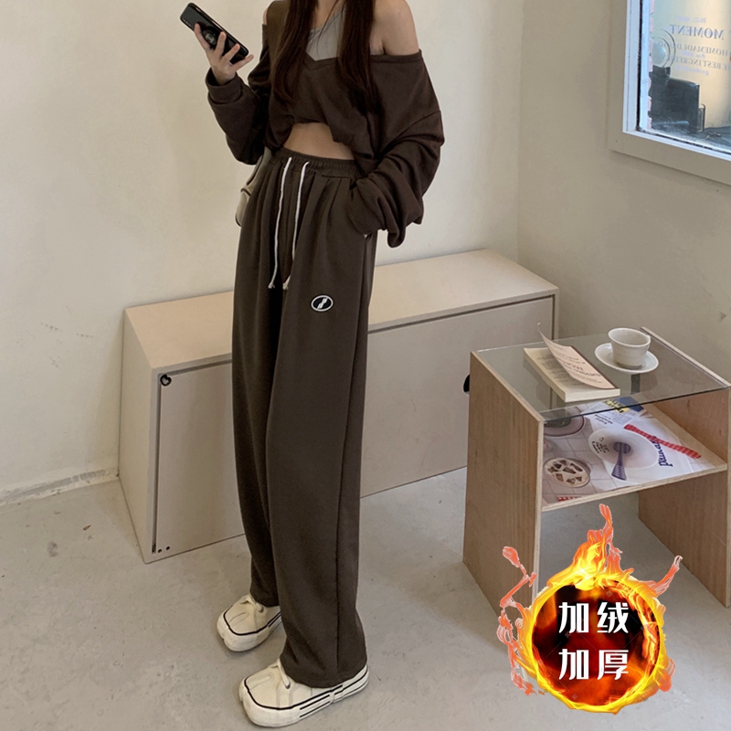 [actual shot] cashmere high waist casual wide leg pants in autumn and winter women's new floor mops show thin straight sports pants
