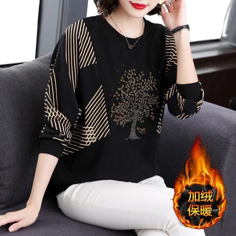 Thin / plush autumn winter mother's loose diamond inlaid long sleeve T-shirt women's foreign style printed belly covering middle-aged warm blouse
