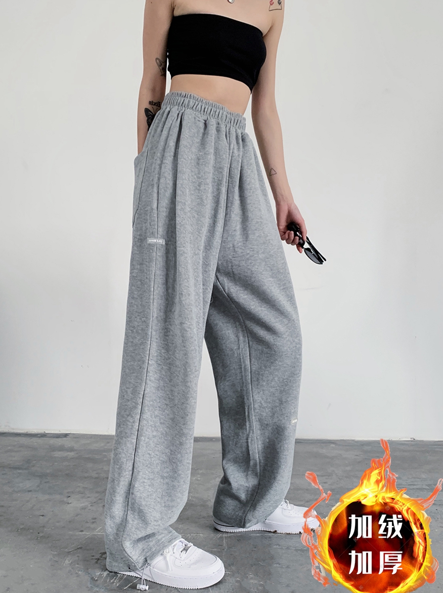 Winter grey sports pants women's pants high waist Leggings loose straight pants casual pants Wei pants Plush thickened pants