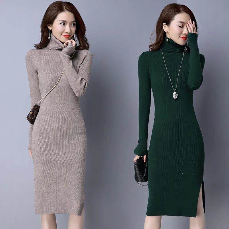 Autumn winter 2021 new slim long knitted dress knee bottomed sweater