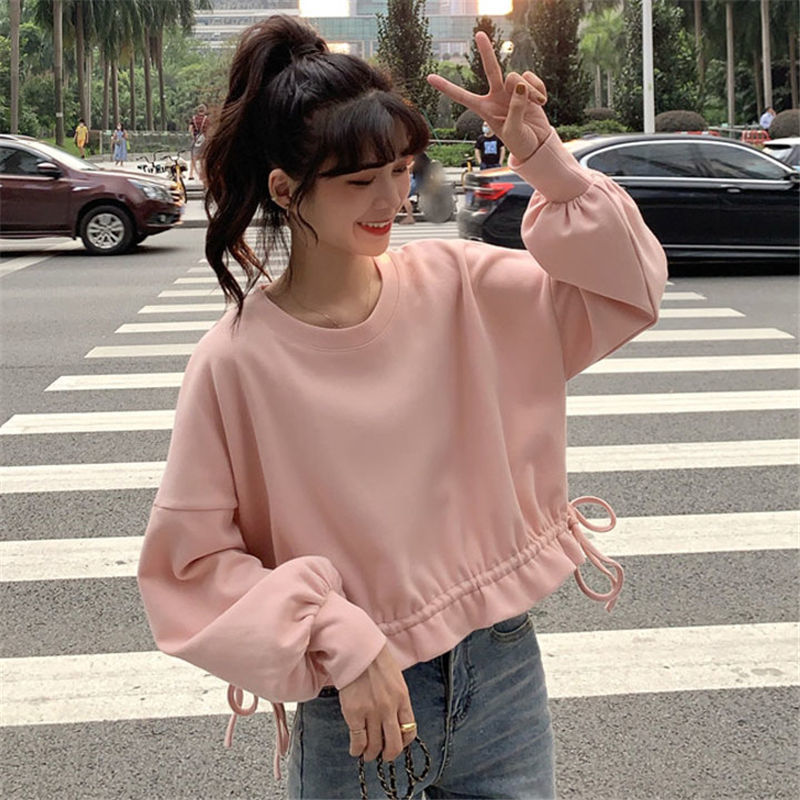 250g Minnie spring 2021 new small fresh design sense lower hem drawcord short loose long sleeve women's wear