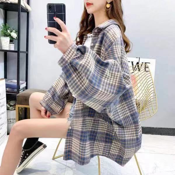 Thickened autumn and winter new Korean Vintage wool tweed loose check shirt female student Korean shirt long sleeve coat fashion