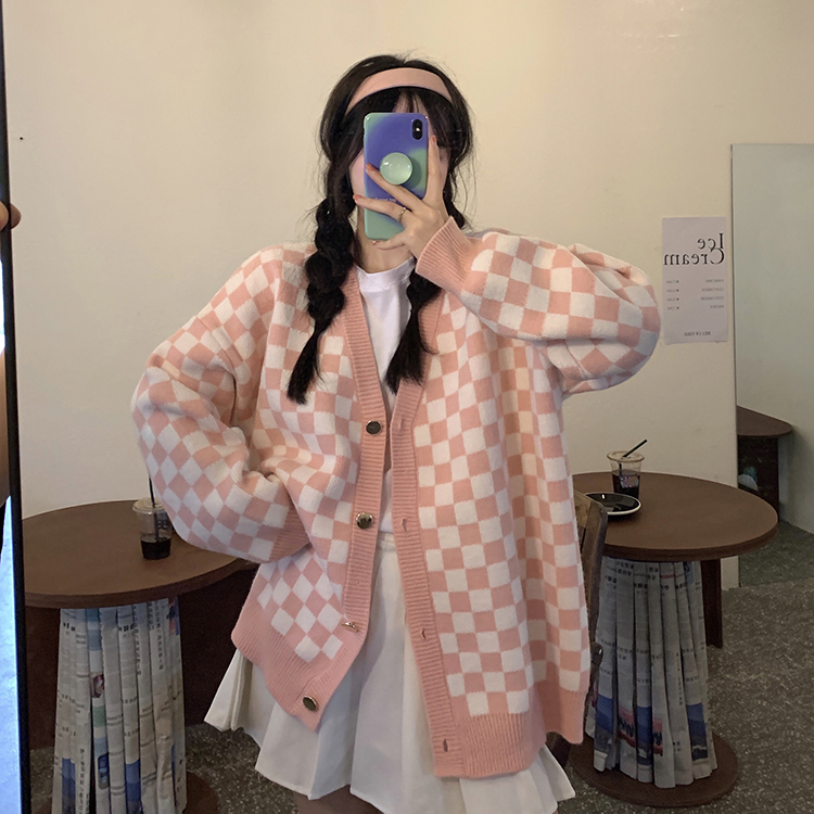 Pink checkerboard sweater coat women's spring and autumn 2021 new Japanese lazy style V-neck loose knit cardigan