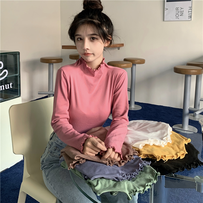 Fungus edge bottomed shirt women's autumn and winter long sleeve inner T-shirt 2021 new half high collar foreign style versatile top