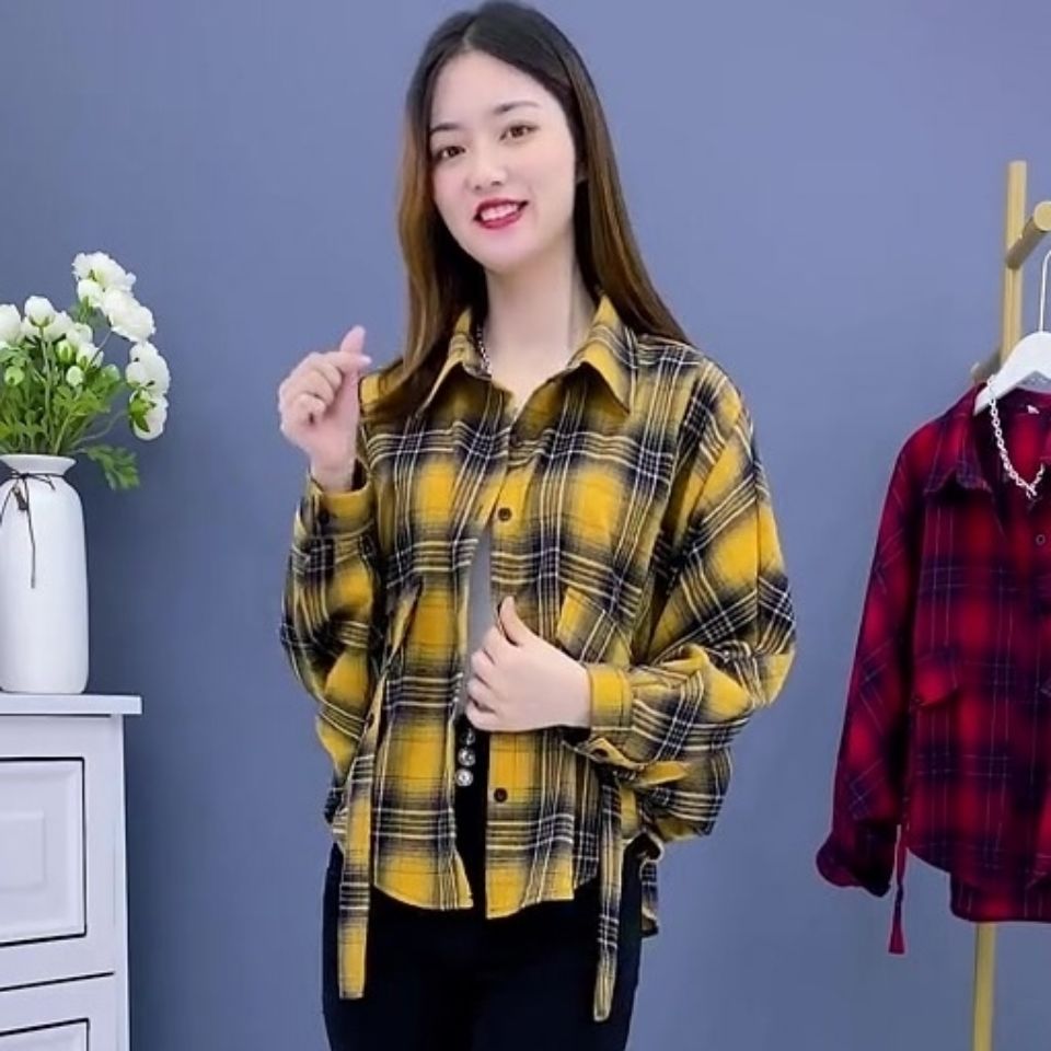 Real price cotton shirt women's 2021 new style, foreign style, versatile, frosted lattice, loose, long sleeved and fashionable