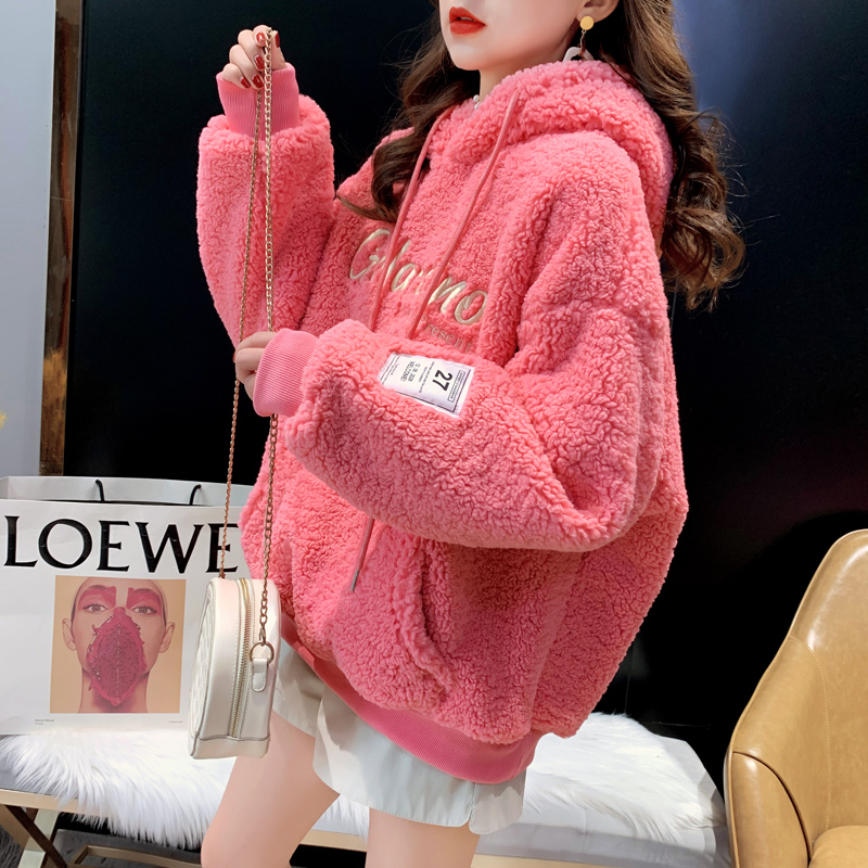 Autumn and winter 2021 new plush thickened loose hooded Pullover embroidered lamb wool sweater women's middle and long top
