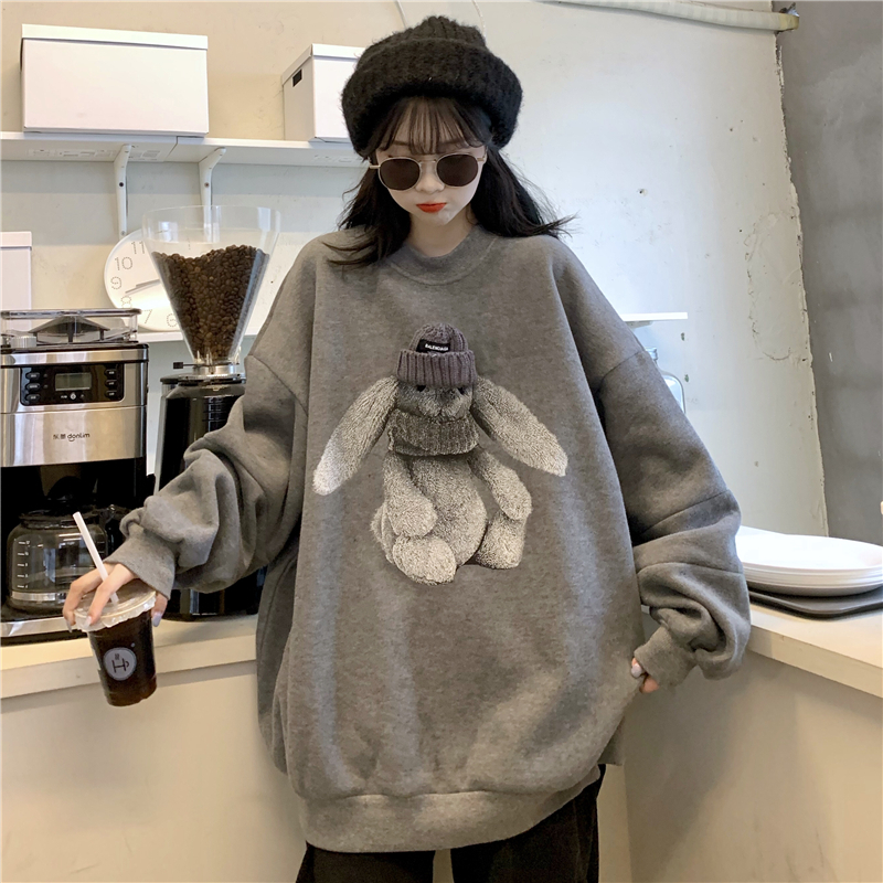 Real picture composite large sweater (320G) autumn and winter rabbit print Pullover loose sweater