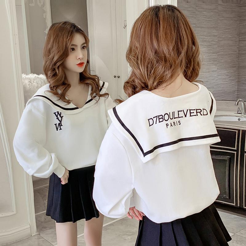 6535 cotton thin Navy collar autumn sweater women's 2020 new Korean loose college style long sleeve versatile top
