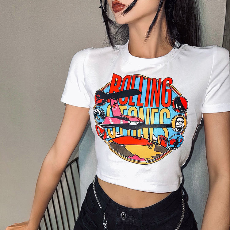 100% Cotton Short Sleeve T-Shirt women's summer new personalized cartoon print slim fit short open navel top fashion