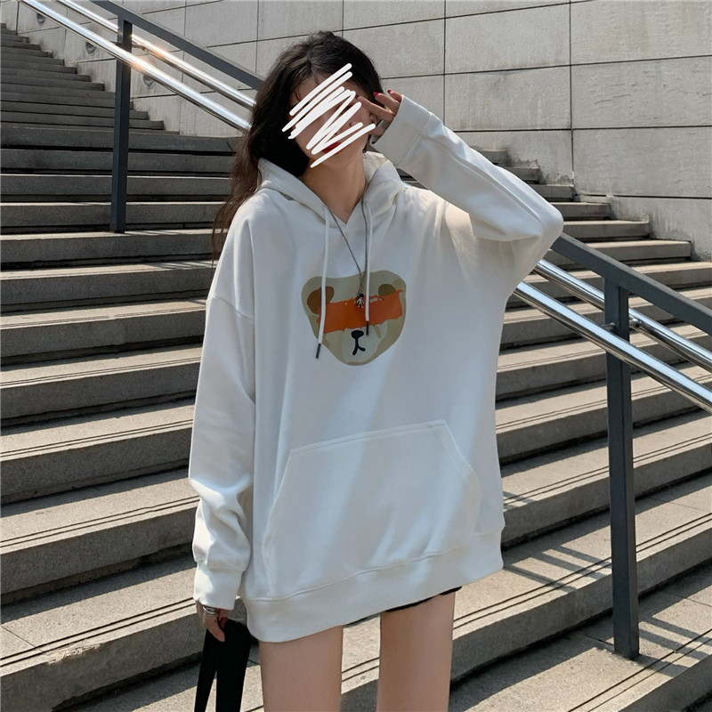 Plush thickened sweater women's new Korean loose cartoon print medium and long sleeve hooded headdress student