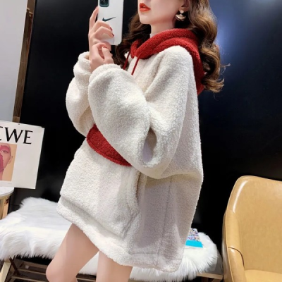 Lamb Plush sweater women's loose Korean autumn and winter new lazy wind long bag Hooded Coat