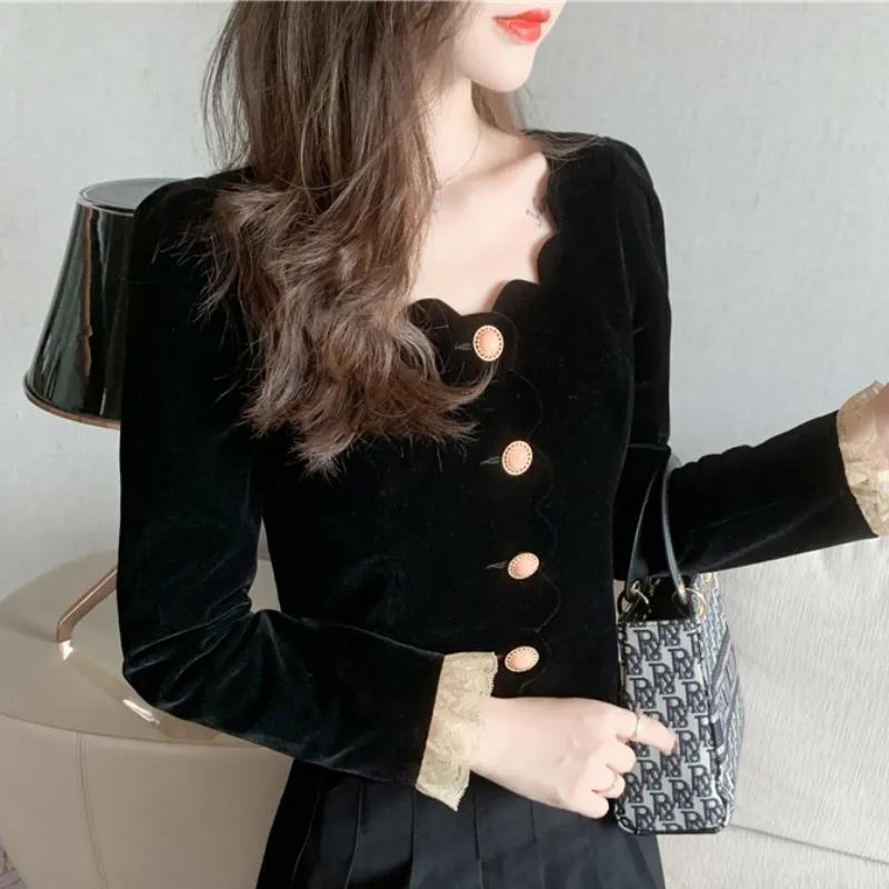 2021 autumn new French retro velvet design sense of minority short long sleeve versatile shirt women's top