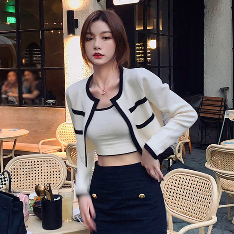 Nanxi sister contrast color knitted Cardigan Jacket Women's new suspender Vest Jacket two-piece set in autumn 2021