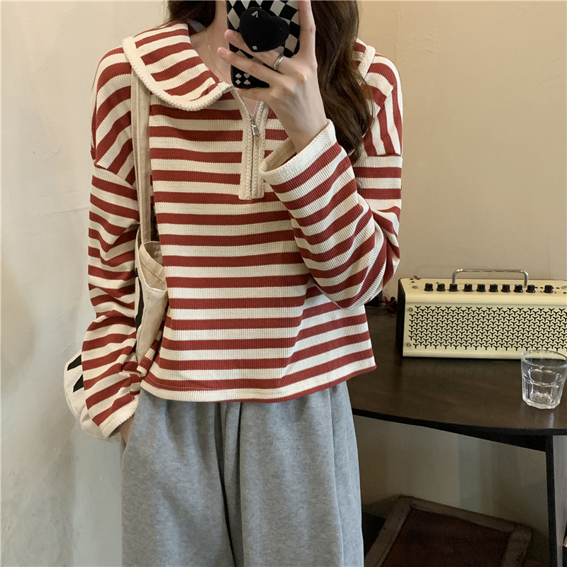 2021 new loose thin stripe lazy style long sleeve sweater women's spring and autumn design sense niche top