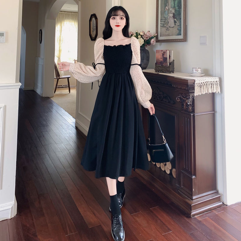 Large women's dress fat and beautiful MM temperament waist closing tea break long skirt 2021 autumn new age reduction over knee S-shaped dress