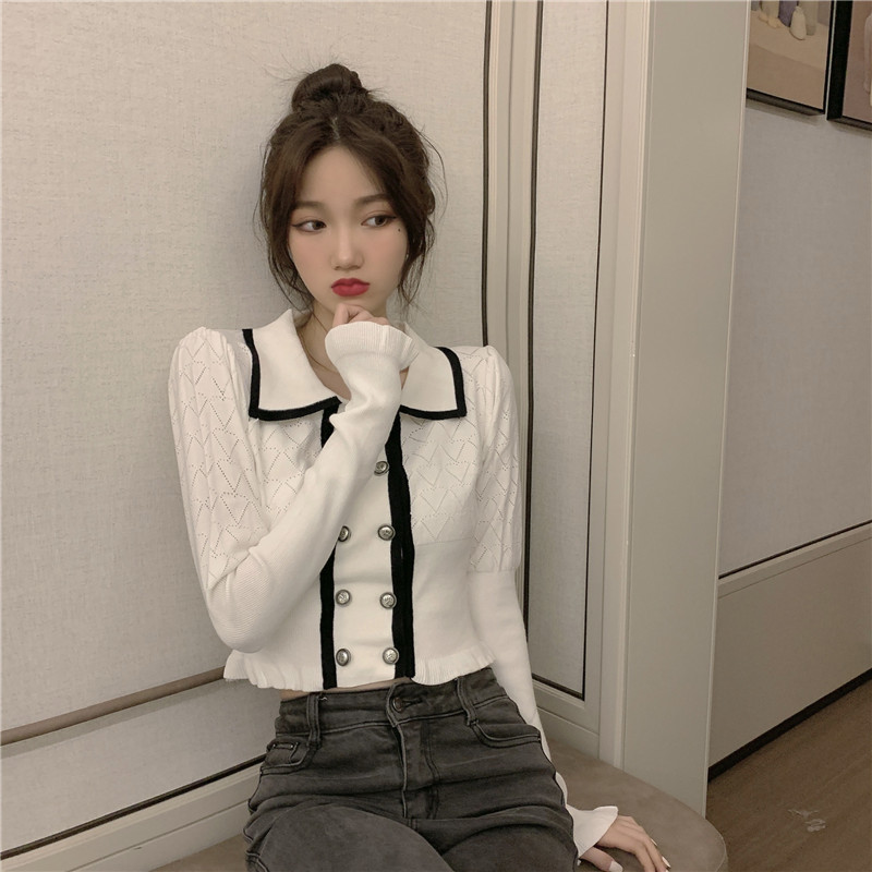 Gentle wind sweater women's early spring 2022 new Polo neck short cardigan top versatile slim fit inner sweater