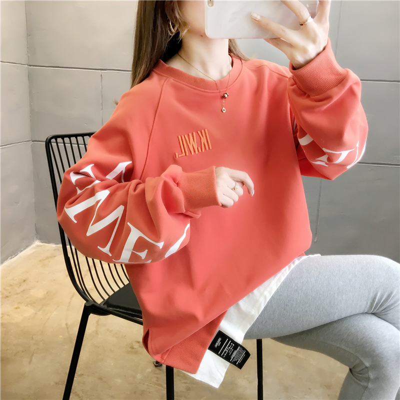 [actual shot] 2312#25 cotton Korean version loose large size spring and autumn thin print embroidery fake two women's sweaters