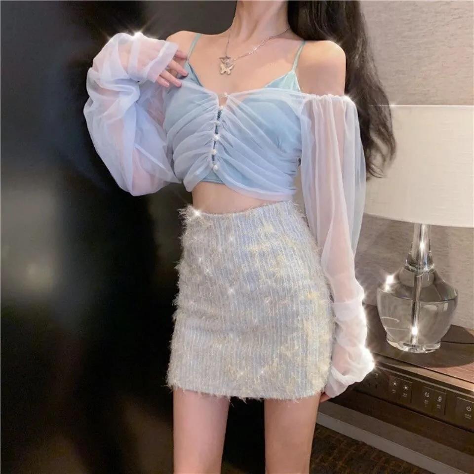 2021 new mesh sunscreen shirt women's spring and summer long sleeve short suit one shoulder sexy thin two piece set