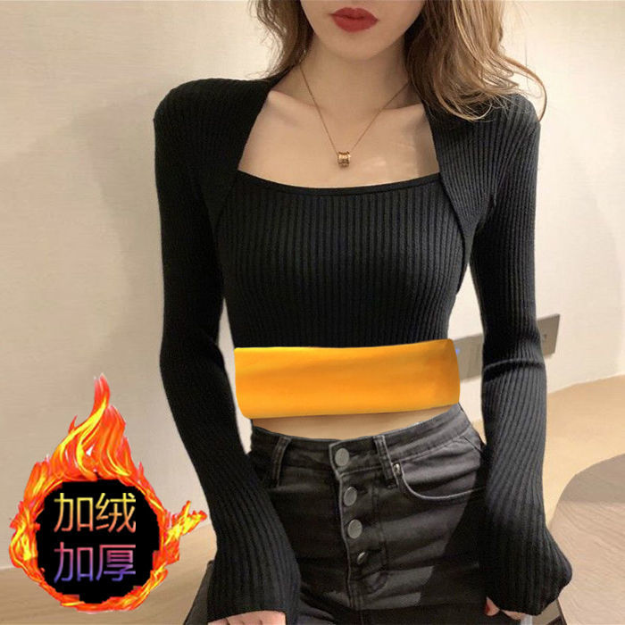 2021 autumn winter women's U-neck Plush thickened versatile solid color sweater top new fashion bottoming shirt