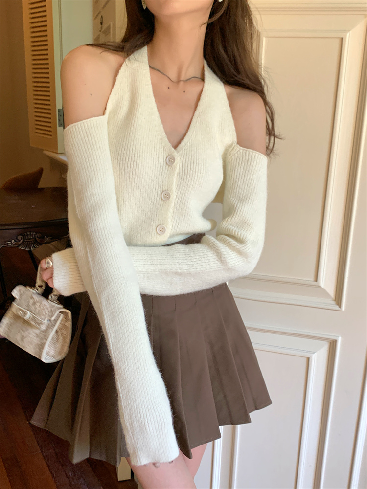 Off shoulder top women's early autumn chic V-neck backless sweater loose spice girl with long sleeve hanging neck knitted cardigan