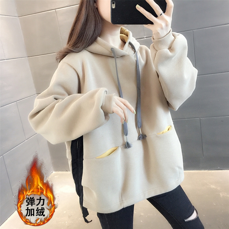 330g Plush composite non pilling hooded color pocket winter sweater women's coat fashion