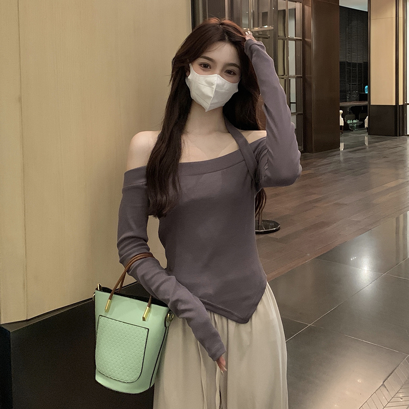 One shoulder long sleeve T-shirt women's spring and autumn 2021 new spice girl design sense of minority short clothes fashion